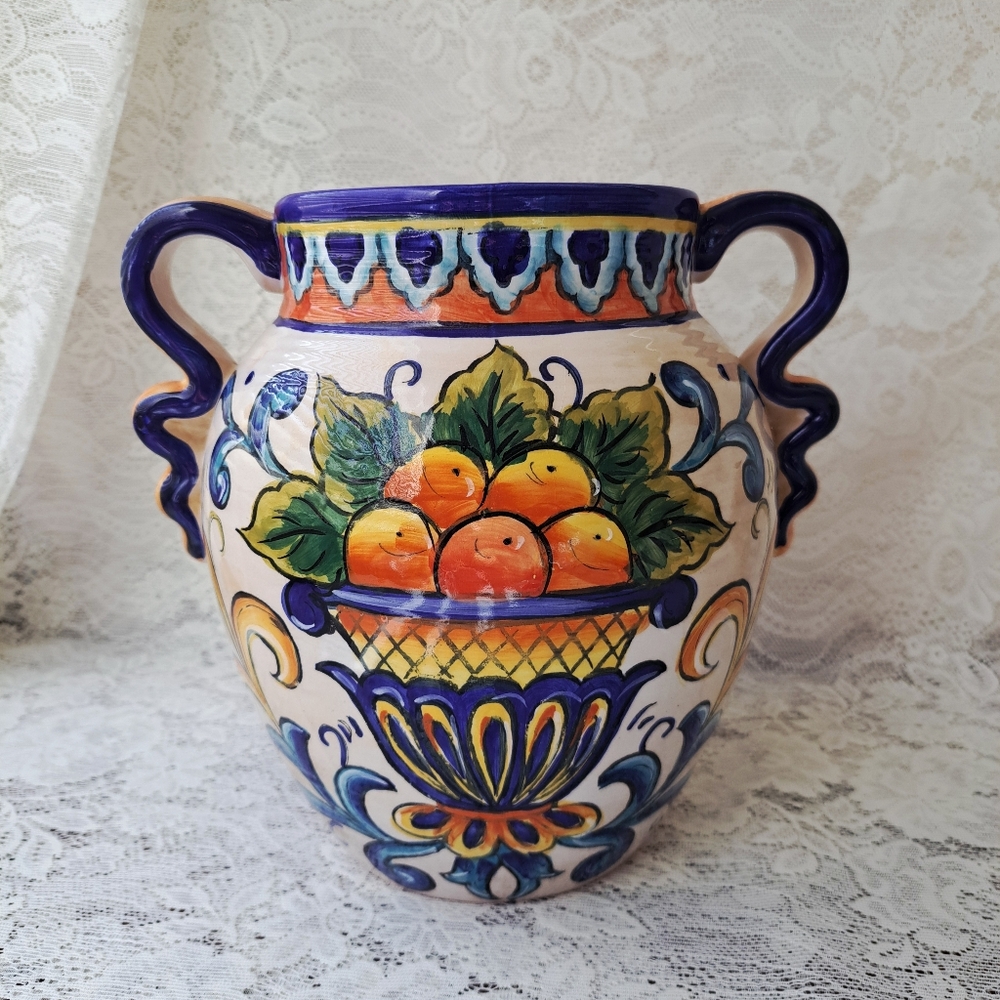 Vintage Hand Painted Decorative Vase with Handles Colorful Italian Style